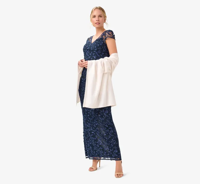 Adrianna Papell Metallic Embroidered Column Gown In Midnight Midnight Women Long Dresses Adrianna Papell Metallic Embroidered Column Gown In Midnight Midnight Women Long Dresses
