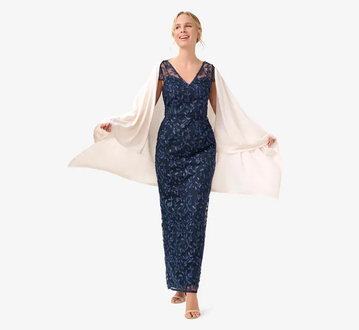 Adrianna Papell Metallic Embroidered Column Gown In Midnight Midnight Women Long Dresses Adrianna Papell Metallic Embroidered Column Gown In Midnight Midnight Women Long Dresses