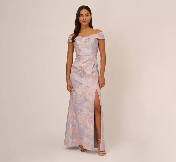 Adrianna Papell Metallic Floral Print Jacquard Gown With Off The Shoulder Neckline In Peri Multi Peri Multi Women Floral Dresses Adrianna Papell Metallic Floral Print Jacquard Gown With Off The Shoulder Neckline In Peri Multi Peri Multi Women Floral Dresses