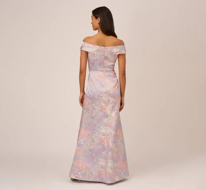 Adrianna Papell Metallic Floral Print Jacquard Gown With Off The Shoulder Neckline In Peri Multi Peri Multi Women Floral Dresses Adrianna Papell Metallic Floral Print Jacquard Gown With Off The Shoulder Neckline In Peri Multi Peri Multi Women Floral Dresses