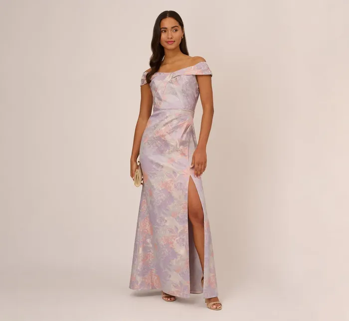 Adrianna Papell Metallic Floral Print Jacquard Gown With Off The Shoulder Neckline In Peri Multi Peri Multi Women Floral Dresses Adrianna Papell Metallic Floral Print Jacquard Gown With Off The Shoulder Neckline In Peri Multi Peri Multi Women Floral Dresses
