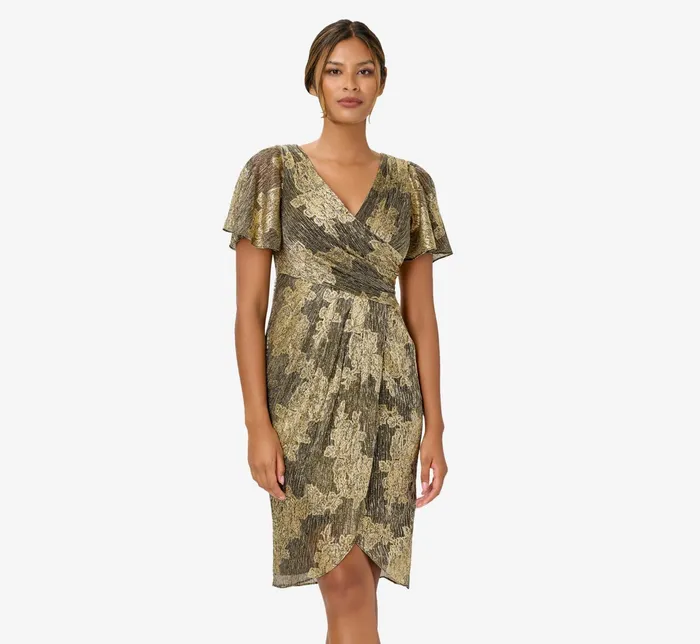 Adrianna Papell Metallic Foil Crinkled Mesh MidiLength Wrap Dress In Gold Black GoldBlack Women Short Dresses Adrianna Papell Metallic Foil Crinkled Mesh MidiLength Wrap Dress In Gold Black GoldBlack Women Short Dresses