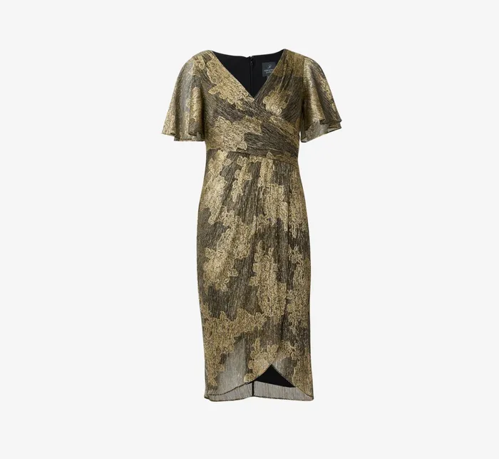 Adrianna Papell Metallic Foil Crinkled Mesh MidiLength Wrap Dress In Gold Black GoldBlack Women Short Dresses Adrianna Papell Metallic Foil Crinkled Mesh MidiLength Wrap Dress In Gold Black GoldBlack Women Short Dresses