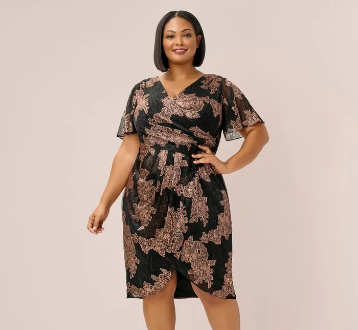 Adrianna Papell Metallic Foil Crinkled Mesh MidiLength Wrap Dress In Gold Black GoldBlack Women Short Dresses Adrianna Papell Metallic Foil Crinkled Mesh MidiLength Wrap Dress In Gold Black GoldBlack Women Short Dresses