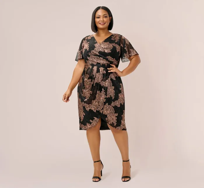 Adrianna Papell Metallic Foil Crinkled Mesh MidiLength Wrap Dress In Gold Black GoldBlack Women Short Dresses Adrianna Papell Metallic Foil Crinkled Mesh MidiLength Wrap Dress In Gold Black GoldBlack Women Short Dresses