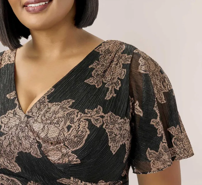 Adrianna Papell Metallic Foil Crinkled Mesh MidiLength Wrap Dress In Gold Black GoldBlack Women Short Dresses Adrianna Papell Metallic Foil Crinkled Mesh MidiLength Wrap Dress In Gold Black GoldBlack Women Short Dresses