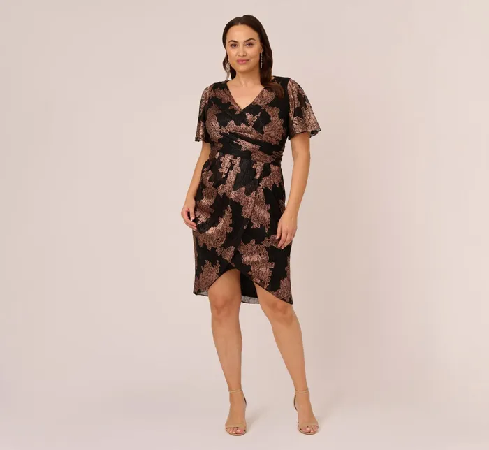 Adrianna Papell Metallic Foil Crinkled Mesh MidiLength Wrap Dress In Gold Black GoldBlack Women Short Dresses Adrianna Papell Metallic Foil Crinkled Mesh MidiLength Wrap Dress In Gold Black GoldBlack Women Short Dresses
