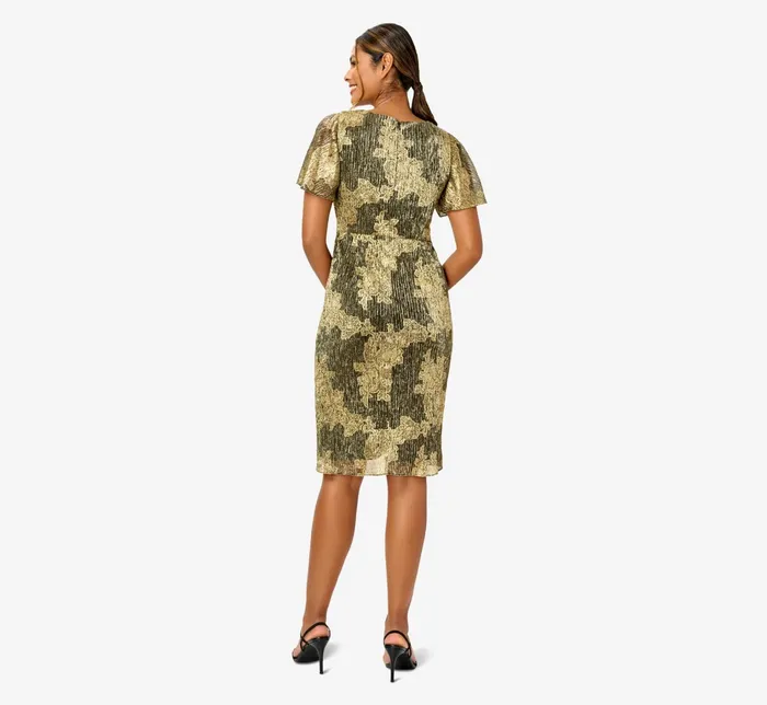 Adrianna Papell Metallic Foil Crinkled Mesh MidiLength Wrap Dress In Gold Black GoldBlack Women Short Dresses Adrianna Papell Metallic Foil Crinkled Mesh MidiLength Wrap Dress In Gold Black GoldBlack Women Short Dresses