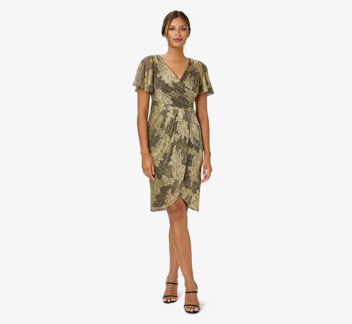 Adrianna Papell Metallic Foil Crinkled Mesh MidiLength Wrap Dress In Gold Black GoldBlack Women Short Dresses Adrianna Papell Metallic Foil Crinkled Mesh MidiLength Wrap Dress In Gold Black GoldBlack Women Short Dresses