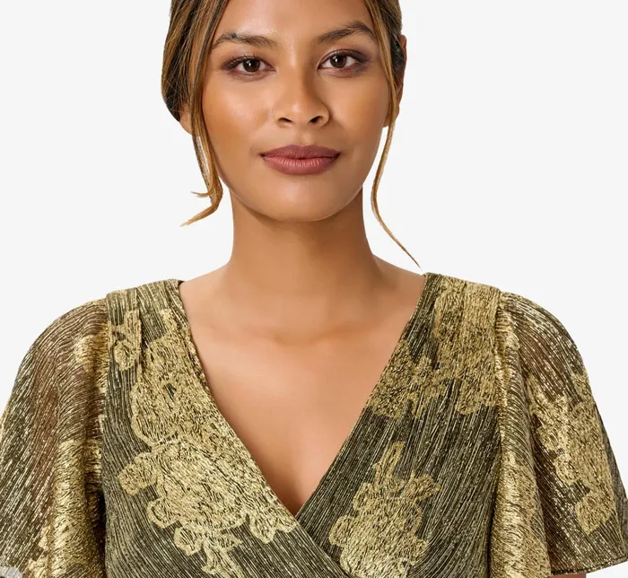 Adrianna Papell Metallic Foil Crinkled Mesh MidiLength Wrap Dress In Gold Black GoldBlack Women Short Dresses Adrianna Papell Metallic Foil Crinkled Mesh MidiLength Wrap Dress In Gold Black GoldBlack Women Short Dresses