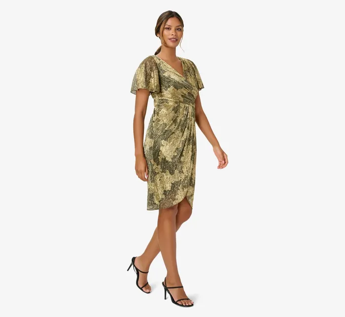 Adrianna Papell Metallic Foil Crinkled Mesh MidiLength Wrap Dress In Gold Black GoldBlack Women Short Dresses Adrianna Papell Metallic Foil Crinkled Mesh MidiLength Wrap Dress In Gold Black GoldBlack Women Short Dresses