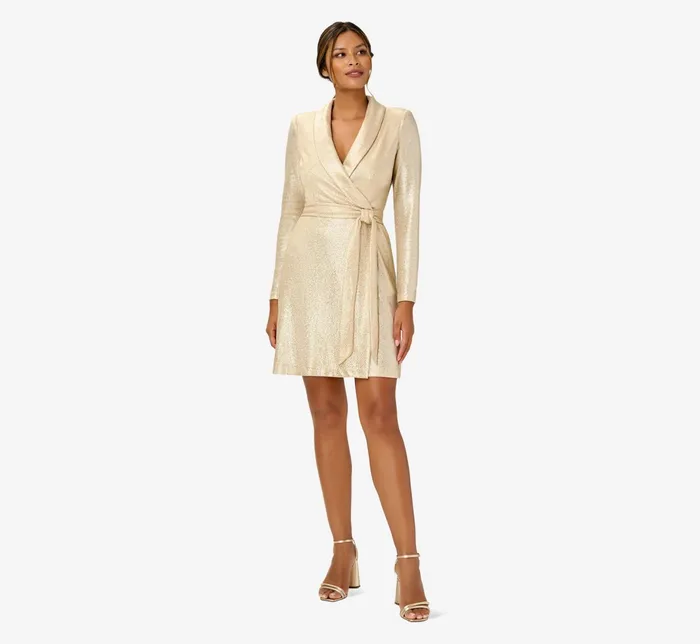 Adrianna Papell Metallic Jersey Short Wrap Tuxedo Dress In Gold Gold Women Short Dresses Adrianna Papell Metallic Jersey Short Wrap Tuxedo Dress In Gold Gold Women Short Dresses