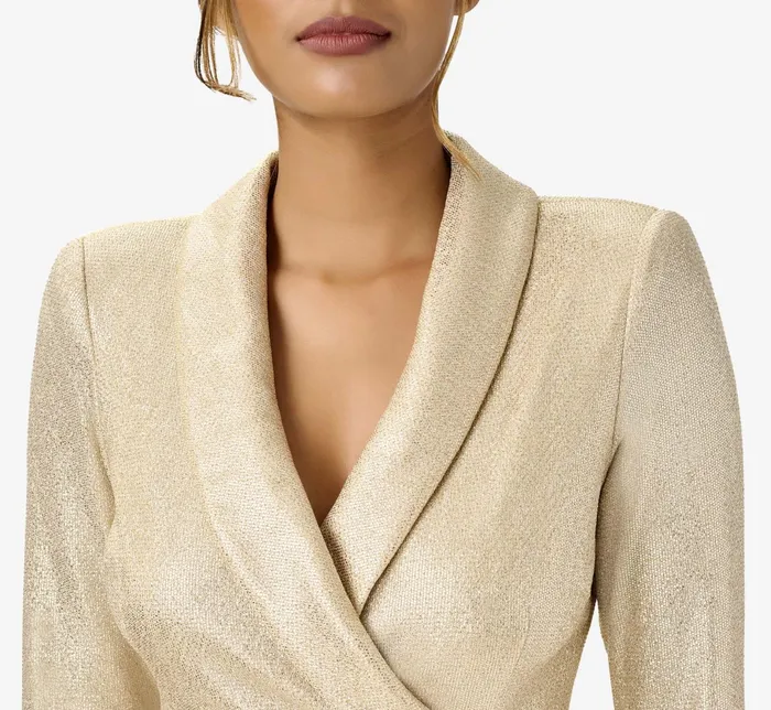 Adrianna Papell Metallic Jersey Short Wrap Tuxedo Dress In Gold Gold Women Short Dresses Adrianna Papell Metallic Jersey Short Wrap Tuxedo Dress In Gold Gold Women Short Dresses
