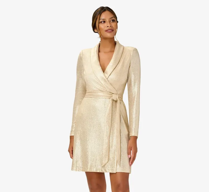Adrianna Papell Metallic Jersey Short Wrap Tuxedo Dress In Gold Gold Women Short Dresses Adrianna Papell Metallic Jersey Short Wrap Tuxedo Dress In Gold Gold Women Short Dresses