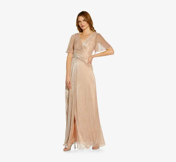 Adrianna Papell Metallic Mesh Draped Gown In Rose Gold Rose Gold Women Formal Dresses Adrianna Papell Metallic Mesh Draped Gown In Rose Gold Rose Gold Women Formal Dresses