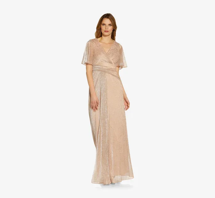 Adrianna Papell Metallic Mesh Draped Gown In Rose Gold Rose Gold Women Formal Dresses Adrianna Papell Metallic Mesh Draped Gown In Rose Gold Rose Gold Women Formal Dresses