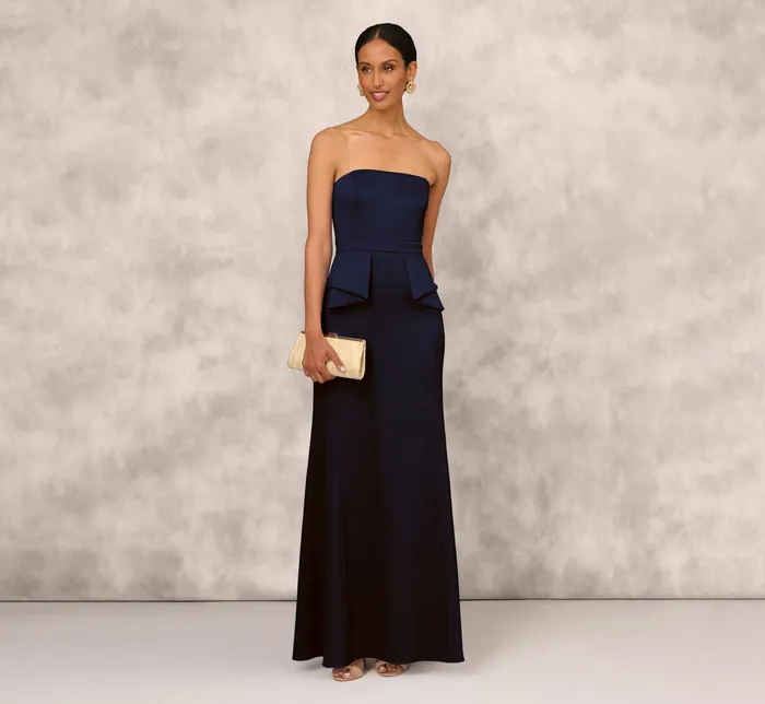 Adrianna Papell Mikado Strapless Gown With Peplum Sides In Navy Navy Women Day Dresses Adrianna Papell Mikado Strapless Gown With Peplum Sides In Navy Navy Women Day Dresses