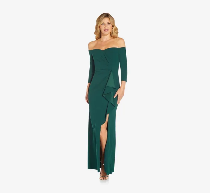 Adrianna Papell Off The Shoulder Dress With Cascading Ruffle Detail In Black Black Women Long Dresses Adrianna Papell Off The Shoulder Dress With Cascading Ruffle Detail In Black Black Women Long Dresses