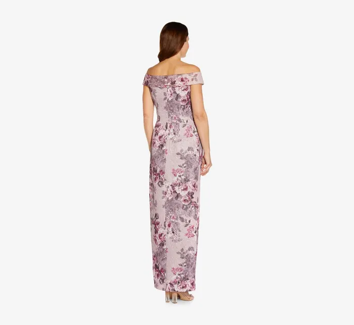 Adrianna Papell Off The Shoulder Matelasse Column Gown In Lilac Snow Lilac Snow Women Long Dresses Adrianna Papell Off The Shoulder Matelasse Column Gown In Lilac Snow Lilac Snow Women Long Dresses