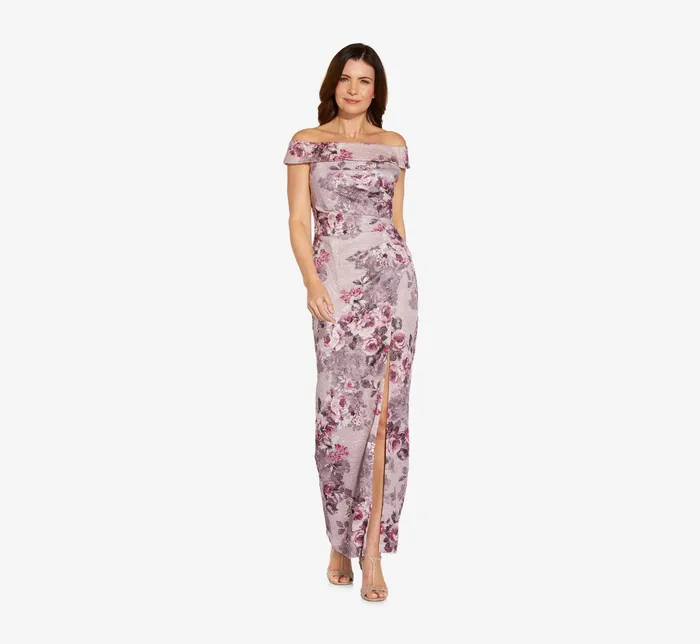 Adrianna Papell Off The Shoulder Matelasse Column Gown In Lilac Snow Lilac Snow Women Long Dresses Adrianna Papell Off The Shoulder Matelasse Column Gown In Lilac Snow Lilac Snow Women Long Dresses