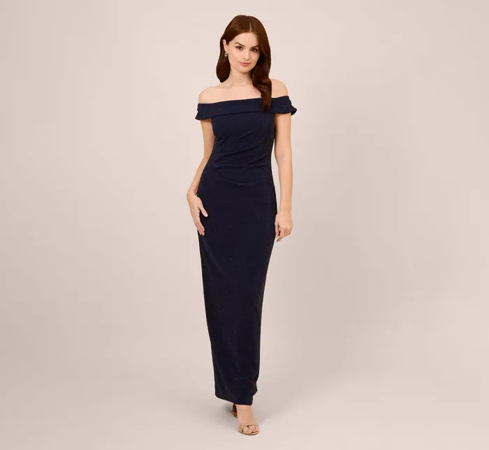 Adrianna Papell Off The Shoulder Ruched Metallic Knit Long Column Gown In Light Navy Light Navy Women Formal Dresses Adrianna Papell Off The Shoulder Ruched Metallic Knit Long Column Gown In Light Navy Light Navy Women Formal Dresses