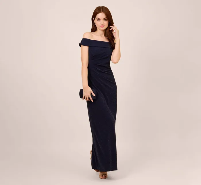Adrianna Papell Off The Shoulder Ruched Metallic Knit Long Column Gown In Light Navy Light Navy Women Formal Dresses Adrianna Papell Off The Shoulder Ruched Metallic Knit Long Column Gown In Light Navy Light Navy Women Formal Dresses