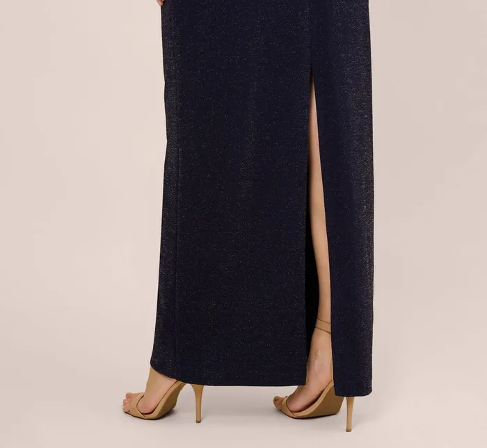 Adrianna Papell Off The Shoulder Ruched Metallic Knit Long Column Gown In Light Navy Light Navy Women Formal Dresses Adrianna Papell Off The Shoulder Ruched Metallic Knit Long Column Gown In Light Navy Light Navy Women Formal Dresses