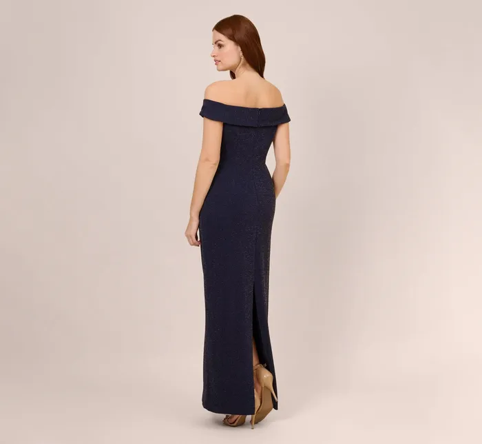 Adrianna Papell Off The Shoulder Ruched Metallic Knit Long Column Gown In Light Navy Light Navy Women Formal Dresses Adrianna Papell Off The Shoulder Ruched Metallic Knit Long Column Gown In Light Navy Light Navy Women Formal Dresses