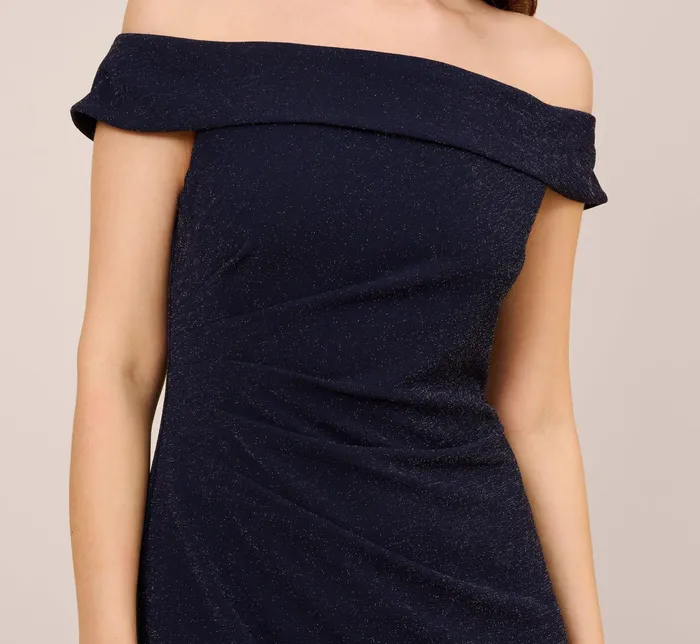 Adrianna Papell Off The Shoulder Ruched Metallic Knit Long Column Gown In Light Navy Light Navy Women Formal Dresses Adrianna Papell Off The Shoulder Ruched Metallic Knit Long Column Gown In Light Navy Light Navy Women Formal Dresses