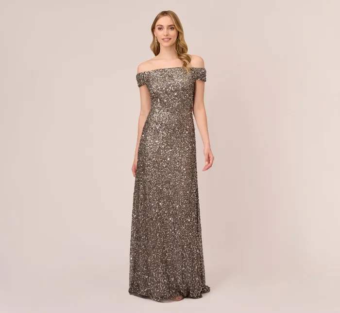 Adrianna Papell Off The Shoulder Sequin Beaded Gown In Lead Lead Women Long Dresses Adrianna Papell Off The Shoulder Sequin Beaded Gown In Lead Lead Women Long Dresses