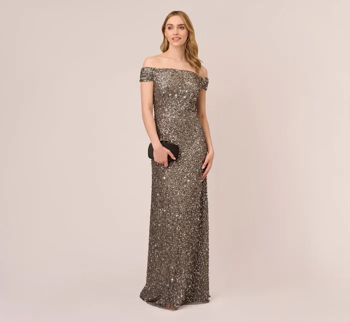 Adrianna Papell Off The Shoulder Sequin Beaded Gown In Lead Lead Women Long Dresses Adrianna Papell Off The Shoulder Sequin Beaded Gown In Lead Lead Women Long Dresses