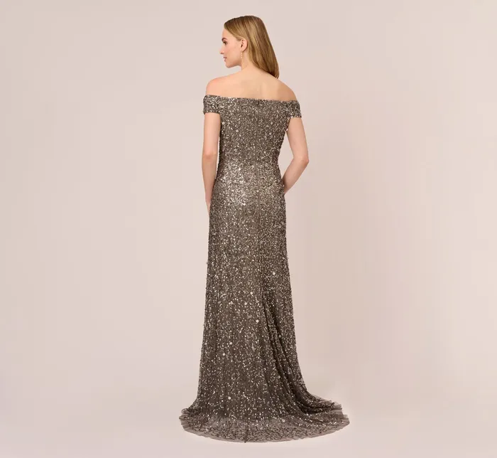 Adrianna Papell Off The Shoulder Sequin Beaded Gown In Lead Lead Women Long Dresses Adrianna Papell Off The Shoulder Sequin Beaded Gown In Lead Lead Women Long Dresses