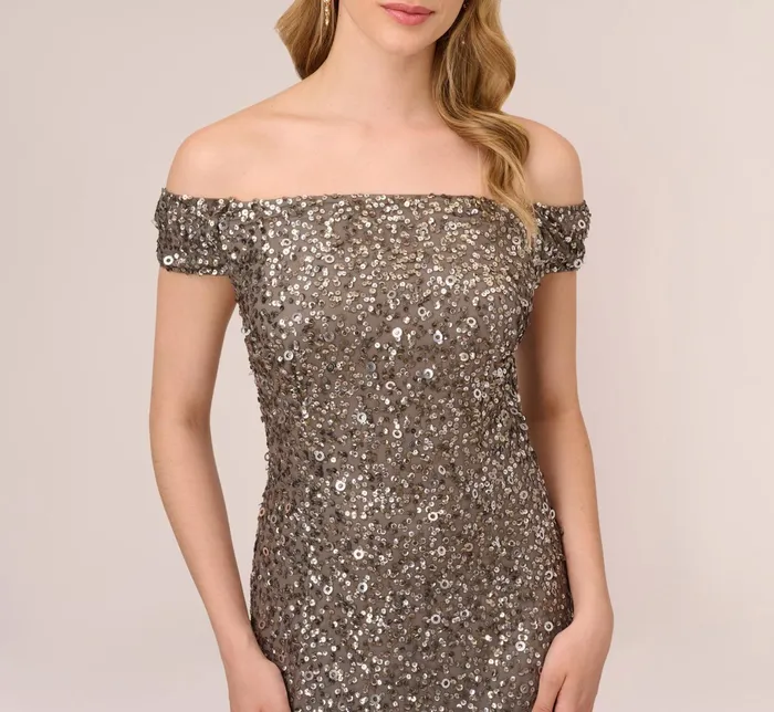 Adrianna Papell Off The Shoulder Sequin Beaded Gown In Lead Lead Women Long Dresses Adrianna Papell Off The Shoulder Sequin Beaded Gown In Lead Lead Women Long Dresses