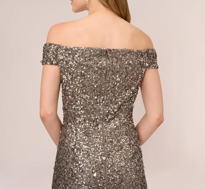 Adrianna Papell Off The Shoulder Sequin Beaded Gown In Lead Lead Women Long Dresses Adrianna Papell Off The Shoulder Sequin Beaded Gown In Lead Lead Women Long Dresses