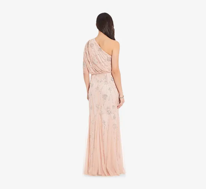 Adrianna Papell One Shoulder Beaded Gown In Blush Blush Women Long Dresses Adrianna Papell One Shoulder Beaded Gown In Blush Blush Women Long Dresses