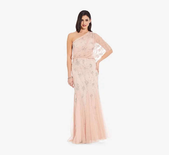 Adrianna Papell One Shoulder Beaded Gown In Blush Blush Women Long Dresses Adrianna Papell One Shoulder Beaded Gown In Blush Blush Women Long Dresses