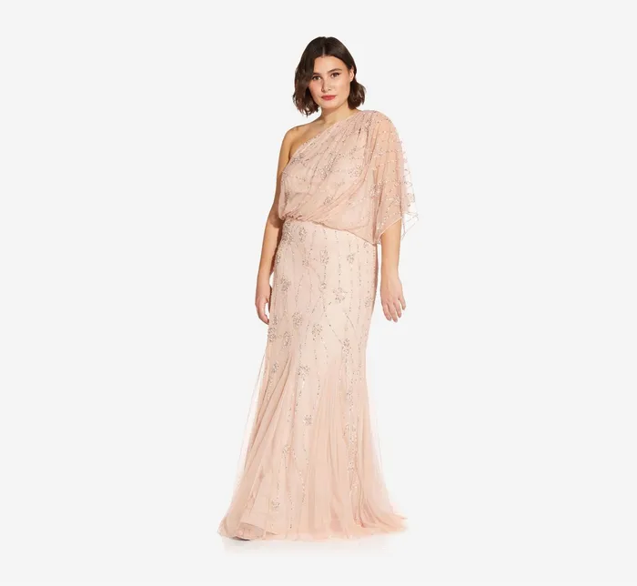 Adrianna Papell One Shoulder Beaded Gown In Blush Blush Women Long Dresses Adrianna Papell One Shoulder Beaded Gown In Blush Blush Women Long Dresses