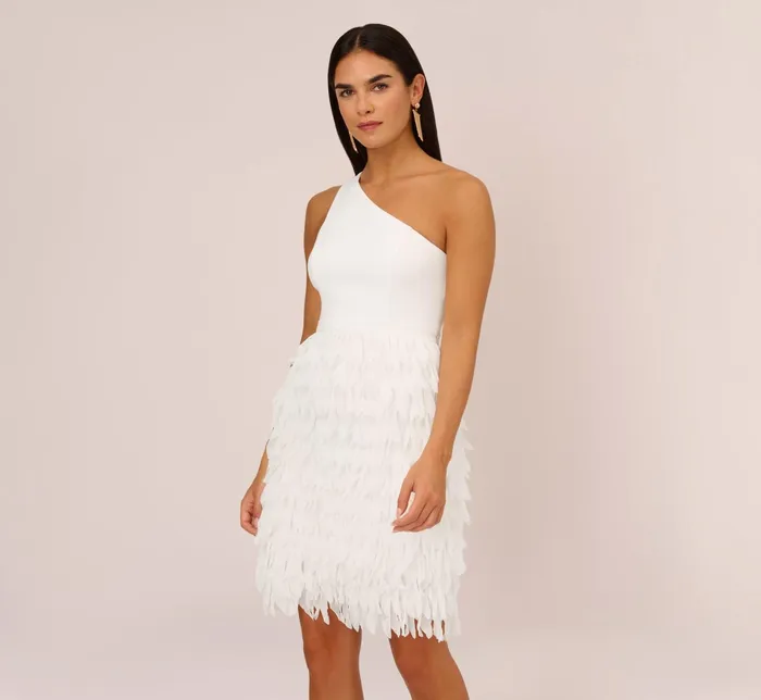 Adrianna Papell One Shoulder Cocktail Dress With Feather Chiffon Skirt In Ivory Ivory Women Short Wedding Dresses Adrianna Papell One Shoulder Cocktail Dress With Feather Chiffon Skirt In Ivory Ivory Women Short Wedding Dresses