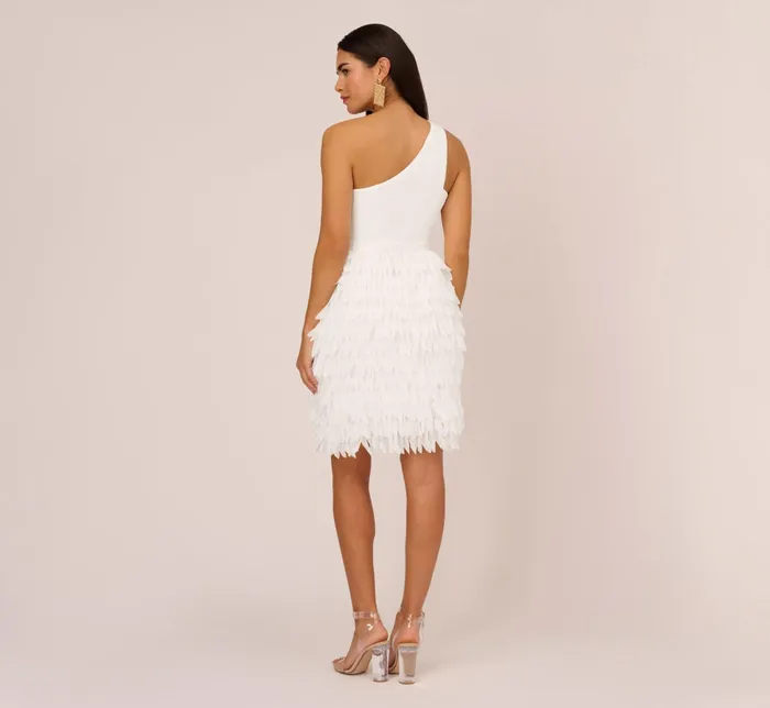 Adrianna Papell One Shoulder Cocktail Dress With Feather Chiffon Skirt In Ivory Ivory Women Short Wedding Dresses Adrianna Papell One Shoulder Cocktail Dress With Feather Chiffon Skirt In Ivory Ivory Women Short Wedding Dresses