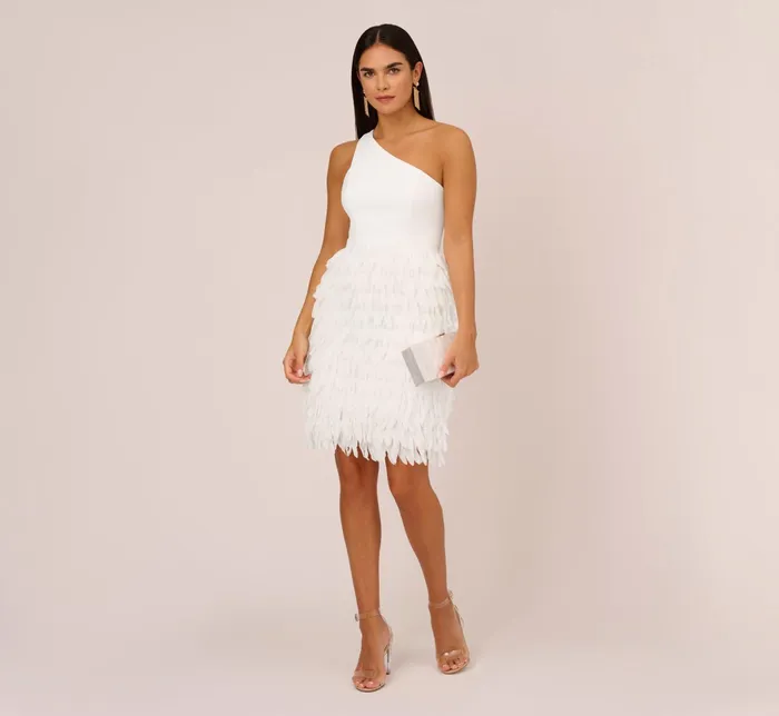 Adrianna Papell One Shoulder Cocktail Dress With Feather Chiffon Skirt In Ivory Ivory Women Short Wedding Dresses Adrianna Papell One Shoulder Cocktail Dress With Feather Chiffon Skirt In Ivory Ivory Women Short Wedding Dresses
