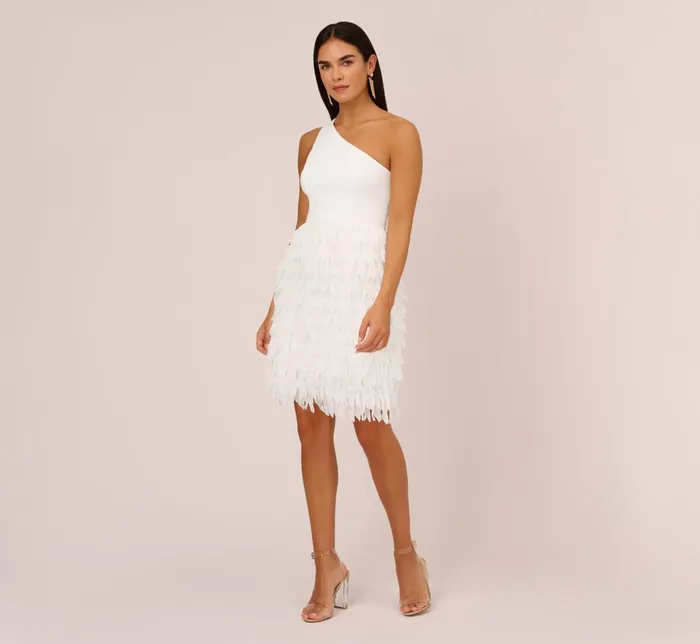 Adrianna Papell One Shoulder Cocktail Dress With Feather Chiffon Skirt In Ivory Ivory Women Short Wedding Dresses Adrianna Papell One Shoulder Cocktail Dress With Feather Chiffon Skirt In Ivory Ivory Women Short Wedding Dresses