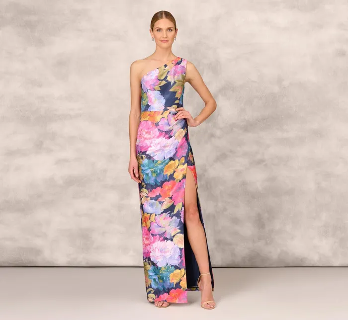 Adrianna Papell One Shoulder Draped Floral Gown With Thigh Slit In Navy Multi Navy Multi Women Long Dresses Adrianna Papell One Shoulder Draped Floral Gown With Thigh Slit In Navy Multi Navy Multi Women Long Dresses
