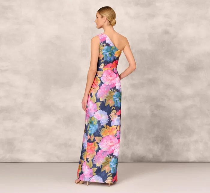 Adrianna Papell One Shoulder Draped Floral Gown With Thigh Slit In Navy Multi Navy Multi Women Long Dresses Adrianna Papell One Shoulder Draped Floral Gown With Thigh Slit In Navy Multi Navy Multi Women Long Dresses