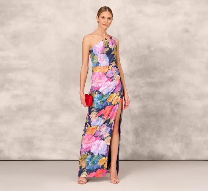 Adrianna Papell One Shoulder Draped Floral Gown With Thigh Slit In Navy Multi Navy Multi Women Long Dresses Adrianna Papell One Shoulder Draped Floral Gown With Thigh Slit In Navy Multi Navy Multi Women Long Dresses