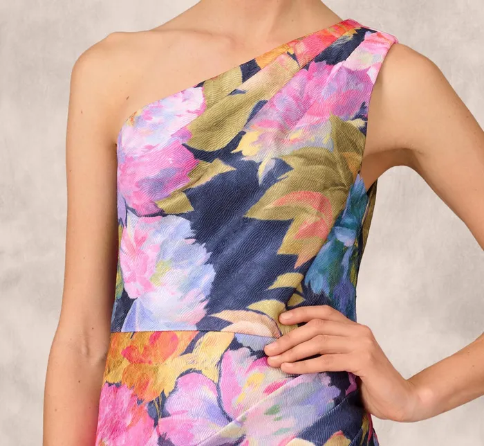 Adrianna Papell One Shoulder Draped Floral Gown With Thigh Slit In Navy Multi Navy Multi Women Long Dresses Adrianna Papell One Shoulder Draped Floral Gown With Thigh Slit In Navy Multi Navy Multi Women Long Dresses