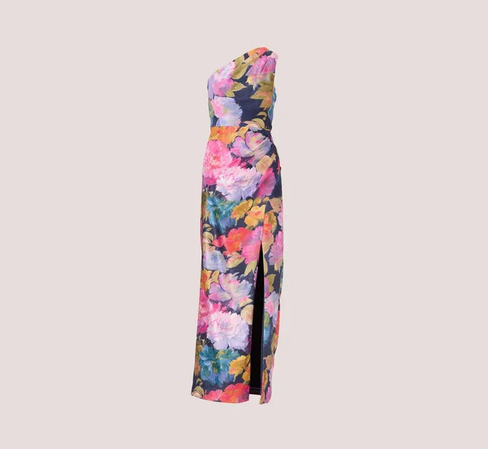 Adrianna Papell One Shoulder Draped Floral Gown With Thigh Slit In Navy Multi Navy Multi Women Long Dresses Adrianna Papell One Shoulder Draped Floral Gown With Thigh Slit In Navy Multi Navy Multi Women Long Dresses
