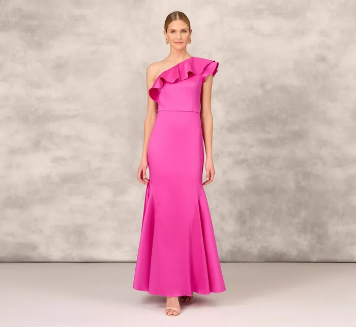 Adrianna Papell One Shoulder Mermaid Gown With Ruffle Details In Magenta Magenta Women Day Dresses Adrianna Papell One Shoulder Mermaid Gown With Ruffle Details In Magenta Magenta Women Day Dresses