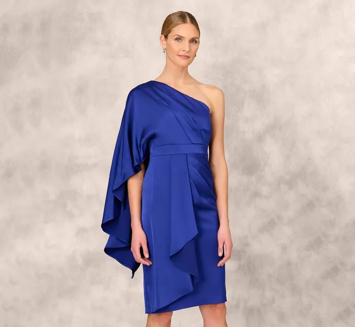 Adrianna Papell OneShoulder Satin Draped Sheath Dress With Crepe Back And Cape In Royal Sapphire Royal Sapphire Women Short Dresses Adrianna Papell OneShoulder Satin Draped Sheath Dress With Crepe Back And Cape In Royal Sapphire Royal Sapphire Women Short Dresses