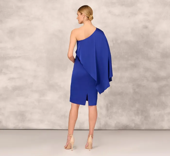 Adrianna Papell OneShoulder Satin Draped Sheath Dress With Crepe Back And Cape In Royal Sapphire Royal Sapphire Women Short Dresses Adrianna Papell OneShoulder Satin Draped Sheath Dress With Crepe Back And Cape In Royal Sapphire Royal Sapphire Women Short Dresses