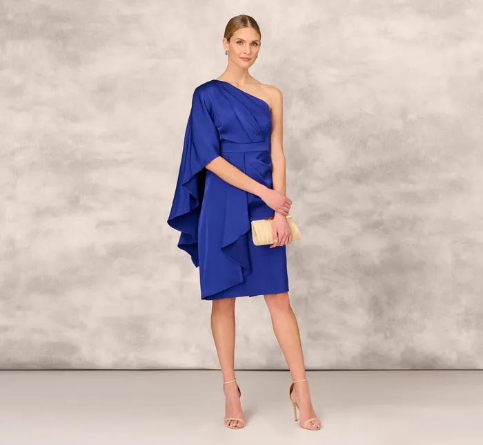 Adrianna Papell OneShoulder Satin Draped Sheath Dress With Crepe Back And Cape In Royal Sapphire Royal Sapphire Women Short Dresses Adrianna Papell OneShoulder Satin Draped Sheath Dress With Crepe Back And Cape In Royal Sapphire Royal Sapphire Women Short Dresses